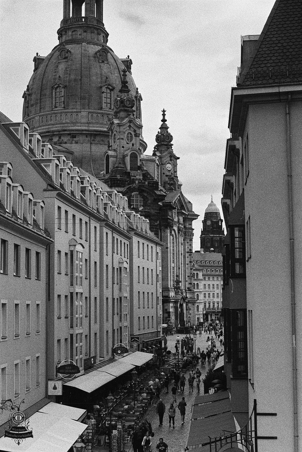 An alley leading to the Church of Our Lady (Frauenkirche) in Dresden. Shot on Bergger Pancro 400.