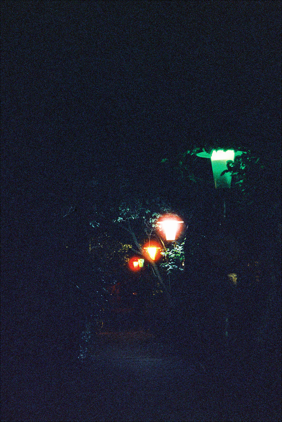 Colorful street lamps in a dark alley. Shot on Cinestille 800T..