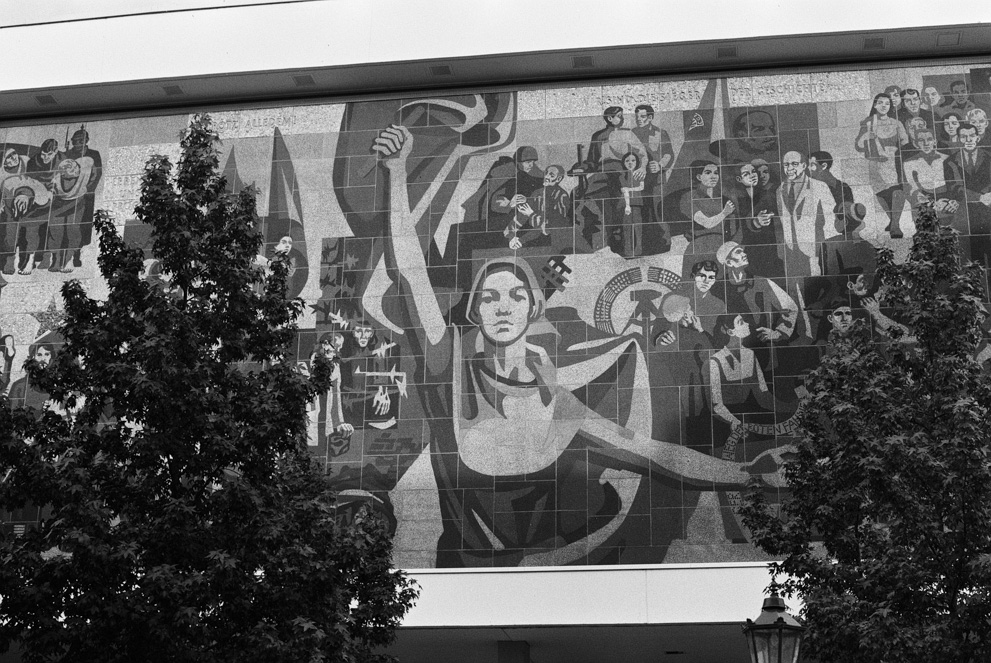 A socialistic mural on the Palace of Culture (Kulturpalast) in Dresden. Shot on Fomapan 200 creative.