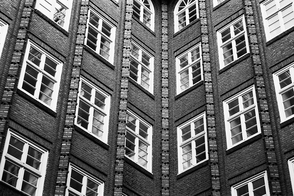 The façade of the Chilehaus in Hamburg. Shot in Ilford Delta 100