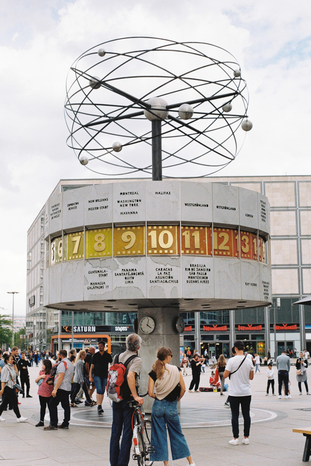 The famous world clock at Berlin Alexanderplatz. Shot on Kodak ColorPlus 200.