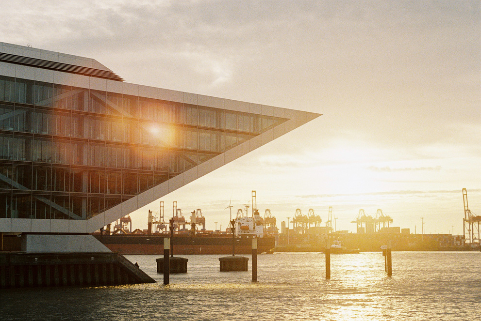 Dockland in Hamburg-Altona with large sun flare. Shot on Kodak Ultramax 400 pulled to 100.